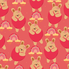 Naklejka premium seamless pattern cute cartoon bunny with pink heart balloon and rainbow. cute animal drawing for wallpaper and background