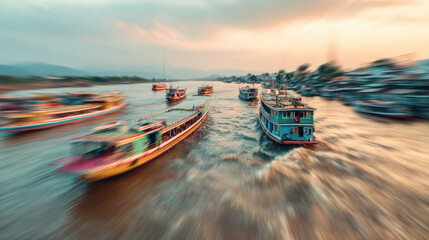Timelapse styled motion blur of busy ferry boats crossing river at sunset, creating dynamic and vibrant scene filled with movement and energy