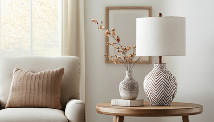 Cozy living room corner with sofa and textured cushion in neutral tones, highlighting a designer table lamp with a zigzag base and a vase with dried foliage. Natural light from the window illuminates 