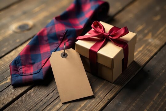 Rustic wood background, two gift boxes, necktie, Father's Day tag , celebration, boxes, ribbon - Powered by Adobe