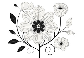 Elegant black and white floral illustration with detailed flowers delicate leaves swirling stems intricate botanical patterns, artistic monochrome design.