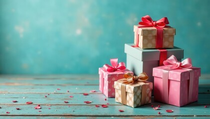 Set of assorted gift boxes on weathered wood, birthday setting , packaging, background, boxes