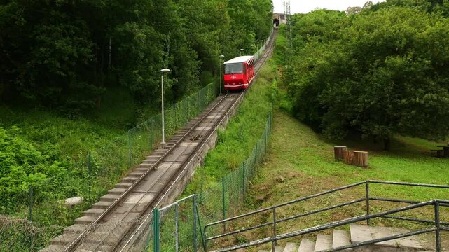 Bilbao Spain 04 06 2025 A red funicular climbs the hillside in Bilbao, offering scenic views of the city below. A charming and historic mode of transport in the Basque Country.