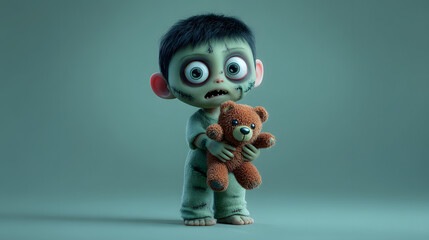 3d Cartoon of a cute baby zombie holding a teddy bear