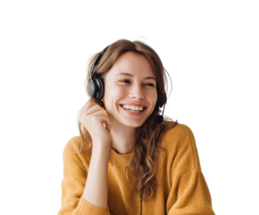 A friendly customer service representative smiles while on a call using a headset.