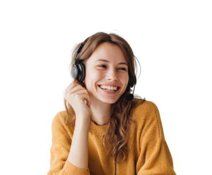 A friendly customer service representative smiles while on a call using a headset.