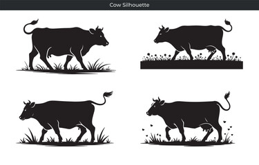 Set of four black and white cow silhouettes walking in a field design elements