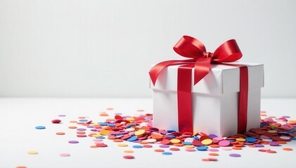 Square gift box spilling vibrant confetti onto white backdrop , party, bright