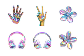 An array of vibrant, holographic symbols including hands, peace sign, headphones, and flowers, showcasing colorful designs perfect for digital art and modern creative projects.