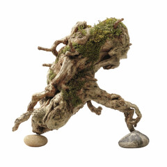 Fototapeta premium Mossy Driftwood Sculpture Balancing on Stones,
