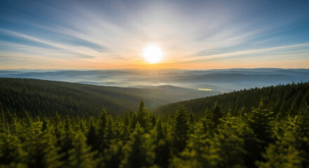 Fototapeta premium Sunrise Over Mountainous Forest Landscape with Misty Valley