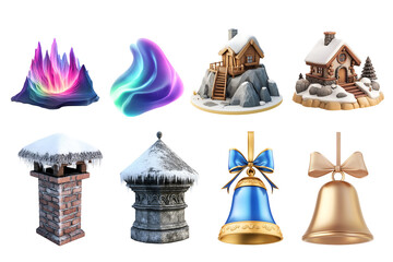 A collection of animated icons featuring vibrant auroras, charming winter houses, and festive bells. Perfect for holiday-themed projects, ads, or digital content creation.