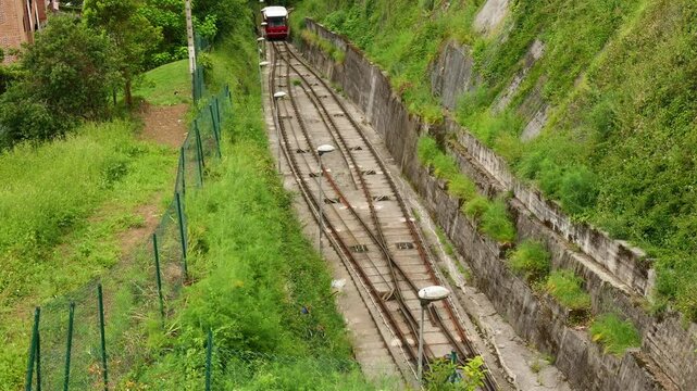 Bilbao Spain 04 06 2025 A red funicular climbs the hillside in Bilbao, offering scenic views of the city below. A charming and historic mode of transport in the Basque Country.