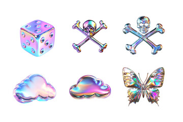 A vibrant collection of holographic icons including a die, skull and crossbones, clouds, and a butterfly, perfect for digital art projects and creative designs.