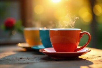 Vibrant ceramic mugs, soft bokeh glow, warm home , shelving, colorful ceramics