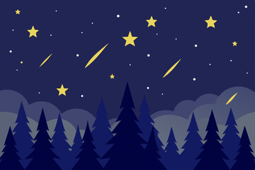 Obraz premium Night sky, starry landscape, dark blue forest, shooting stars, vector illustration