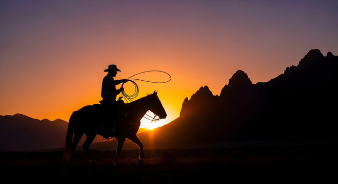 Cowboy on horseback silhouetted against a stunning sunset preparing to lasso with the rope - Powered by Adobe