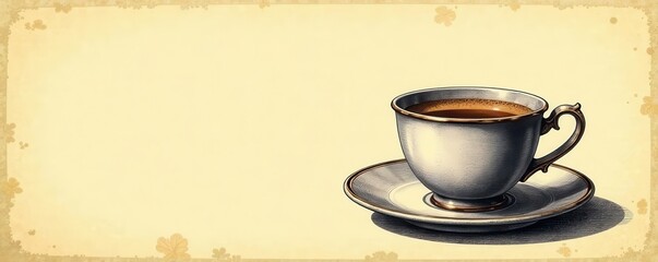 Vintage espresso cup engraving, retro coffee illustration , detail, coffee