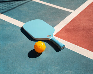Pickleball paddle and neon ball lying on a sunlit textured court with clean white boundary lines and vibrant color contrast—ai generative.