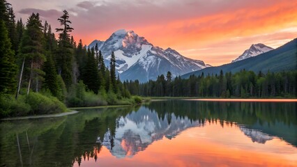 Fototapeta premium Tranquil Mountain Lake at Sunrise with Perfect Reflection
