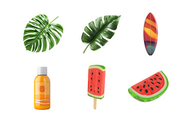 A vibrant collection of summer-themed icons featuring tropical leaves, a surfboard, a bottle of drink, and refreshing watermelon slices. Perfect for summer vibes and leisure.