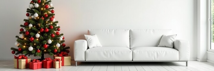 White sofa against wall, decorated Christmas tree, gift boxes , Scandinavian, apartment, minimal