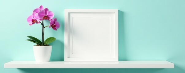 White shelf, orchid pot, picture frame mockup on pastel turquoise wall , design, room, orchid