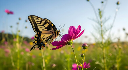 Obraz premium Majestic butterfly feeding on vibrant pink flower in a sunny meadow on a summer day