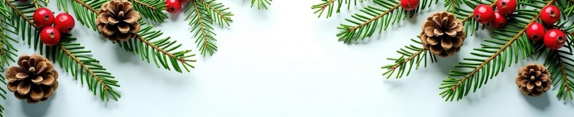 Winter fir branches, cones, holly berries, flat lay White background , nature, plant, holiday