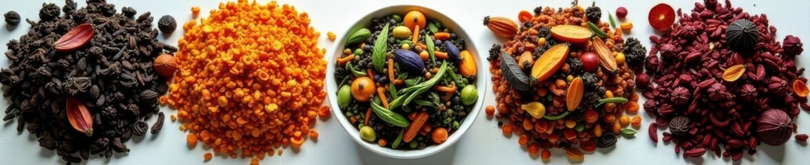 Assortment of loose leaf teas, diverse colors and textures, texture, caffeine, teacup