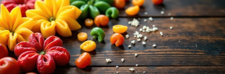 Assortment of colorful pasta shapes on rustic wood Top view, copy space , dinner, grains