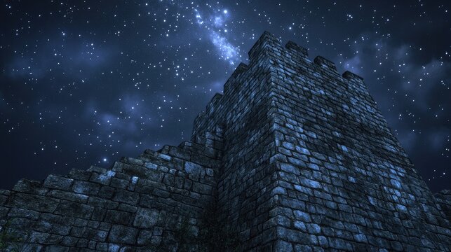 Ancient tower of the Great Wall against a star-filled sky with subtle moonlight on the stones