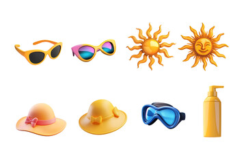 A vibrant collection of summer accessories including sunglasses, sun hats, and sunscreen. Perfect for beach or poolside relaxation. Embrace the sunny days ahead with style.