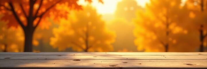 Blank wooden tabletop, sunny orange trees setting, display, table