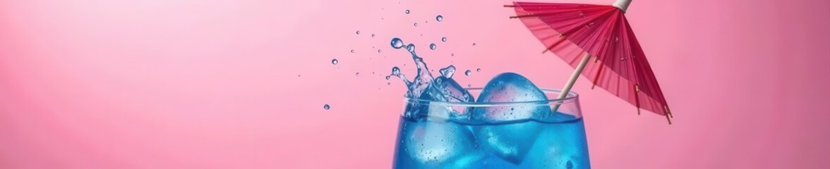Blue cocktail splashing, ice cubes, umbrella, pink background,  delicious, cocktail,  vibrant
