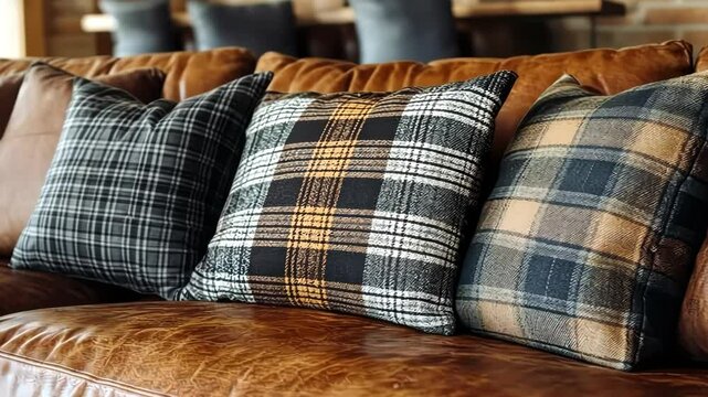 Plaid throw pillows on a brown leather couch
