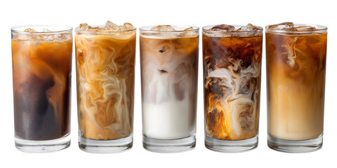 Five glasses of iced coffee with varying amounts of cream and milk isolated on white background