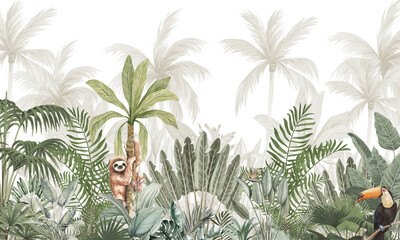 Exotic Wildlife Wall Mural: Sloth & Toucan in Vibrant Green Forest Landscape © csinie1