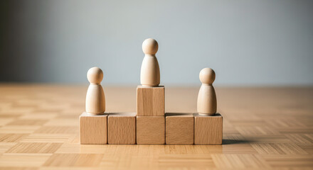 Wooden figures on blocks representing success podium achievement leadership win