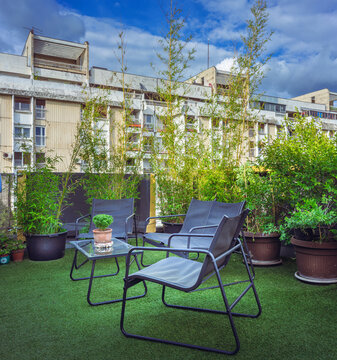 Terrace on the building with artificial grass
