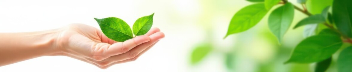 Close-up of hand gently cradling vibrant green leaves against white ,  texture,  organic,  foliage