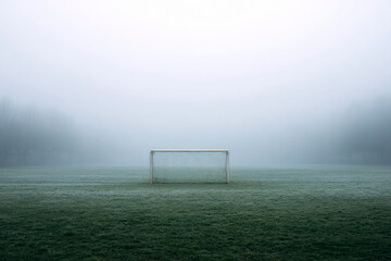 Lone soccer goalpost stands centered on a frosted grass field enveloped in dense morning fog, with bare trees faintly visible in the background—ai generative.
