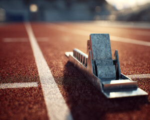Close-up of a metallic sprint starting block positioned on a red rubber running track, captured in warm light with shallow depth of field, symbolizing readiness and competition.