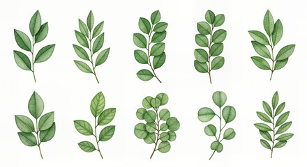 Vector designer elements set collection of green forest fern, tropical green eucalyptus greenery art foliage natural leaves herbs in watercolor style. Decorative beauty elegant illustration for design