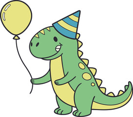 Fototapeta premium Adorable cartoon vector of a green dinosaur wearing a striped birthday hat and holding a yellow balloon, perfect for kids’ party invitations, nursery art, or children's book illustrations