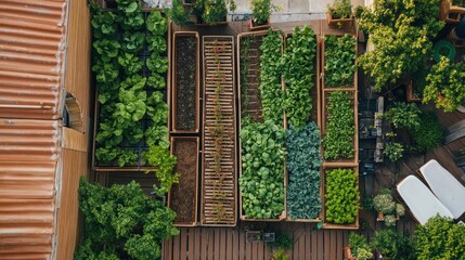 Aerial View of a Lush Rooftop Garden with Various Greens Planted in Wooden Boxes