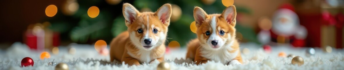 Obraz premium Cuddly corgi and kitten, Christmas themed, playful pose , nap, winter