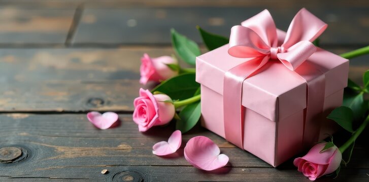 Delicate pink roses and a tied gift box on aged wood, Mother's Day theme , mothers day gift, wooden planks