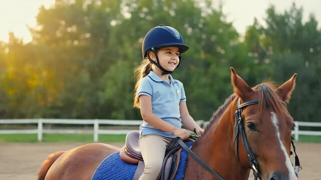 Young girl riding horse in paddock at sunset