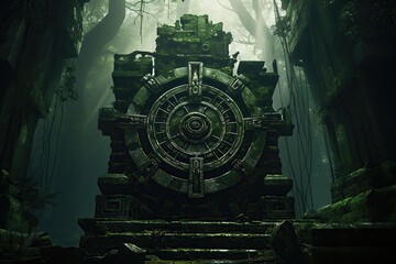 Ancient stone mechanism amid dense jungle in mysterious lost temple surroundings